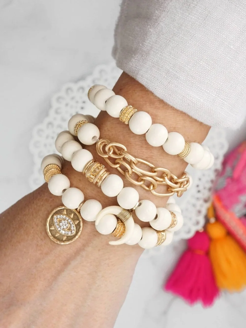Beaded Boho Bracelets set of 4 Gold Coin Cream wood beads